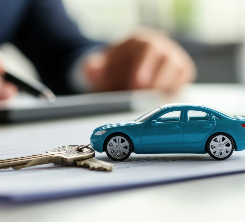 Zabawkowy samochodzik jako brelok do kluczy na kartkach papieru.